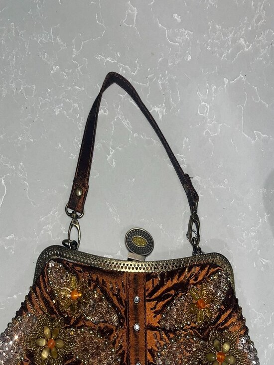 Handbags - Brown Vintage Beaded Clutch Satin Interior
